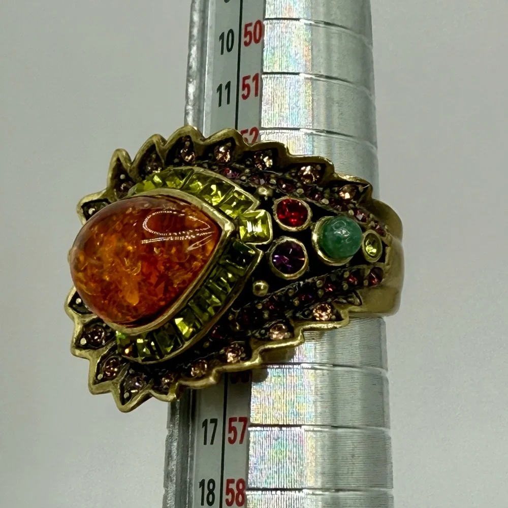 Vintage Heidi Daus Statement Ring – Amber Cabochon w Multi-Color Crystals Sz 7 - Picture 6 of 17